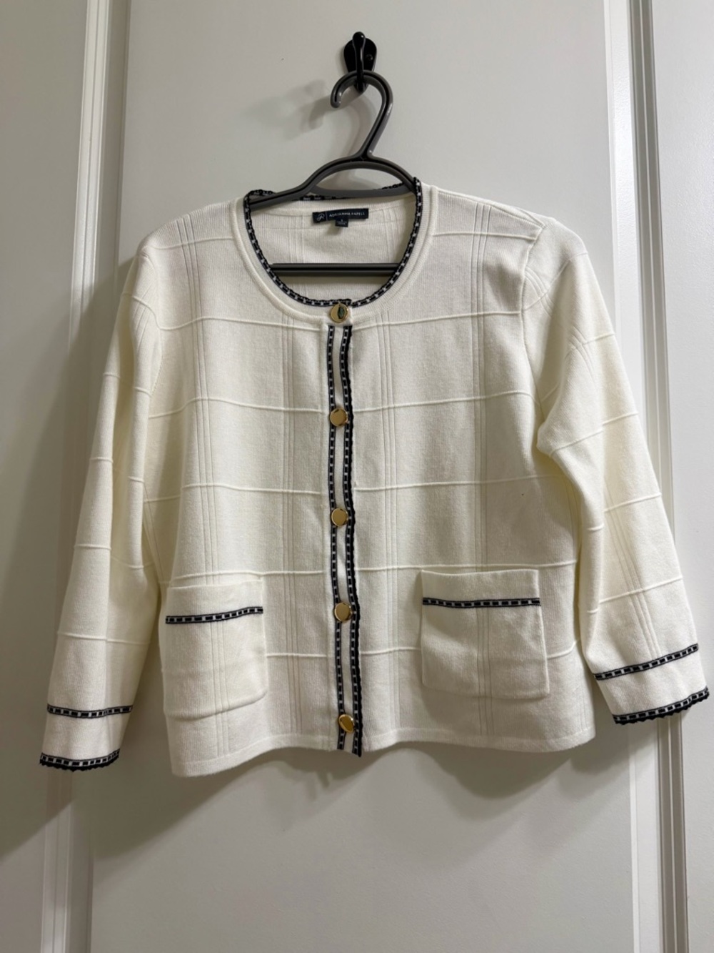 Cream Knit Cardigan with Black Trim and gold buttons sz Small